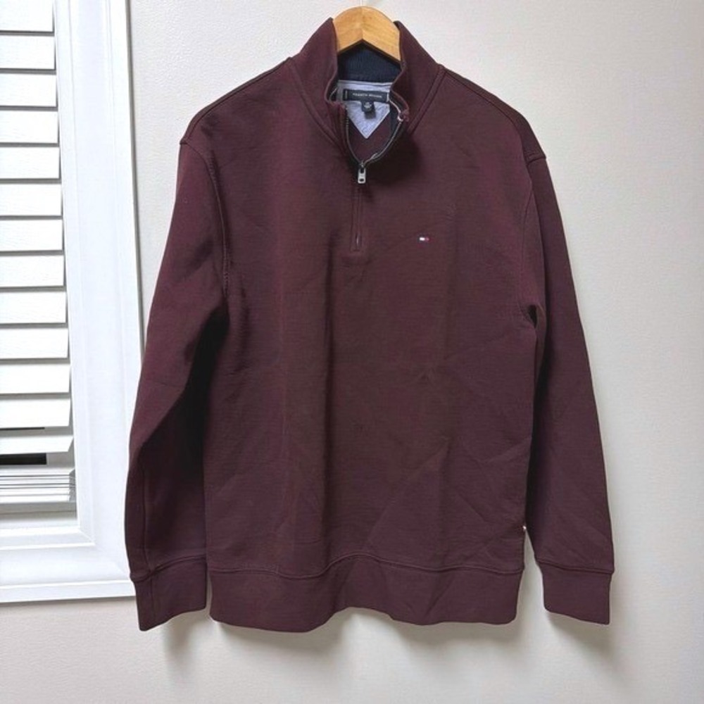 Tommy Hilfiger Jumper Mens Large Maroon 1/4 Zip Mock Neck Knit Cotton Sweater L‎